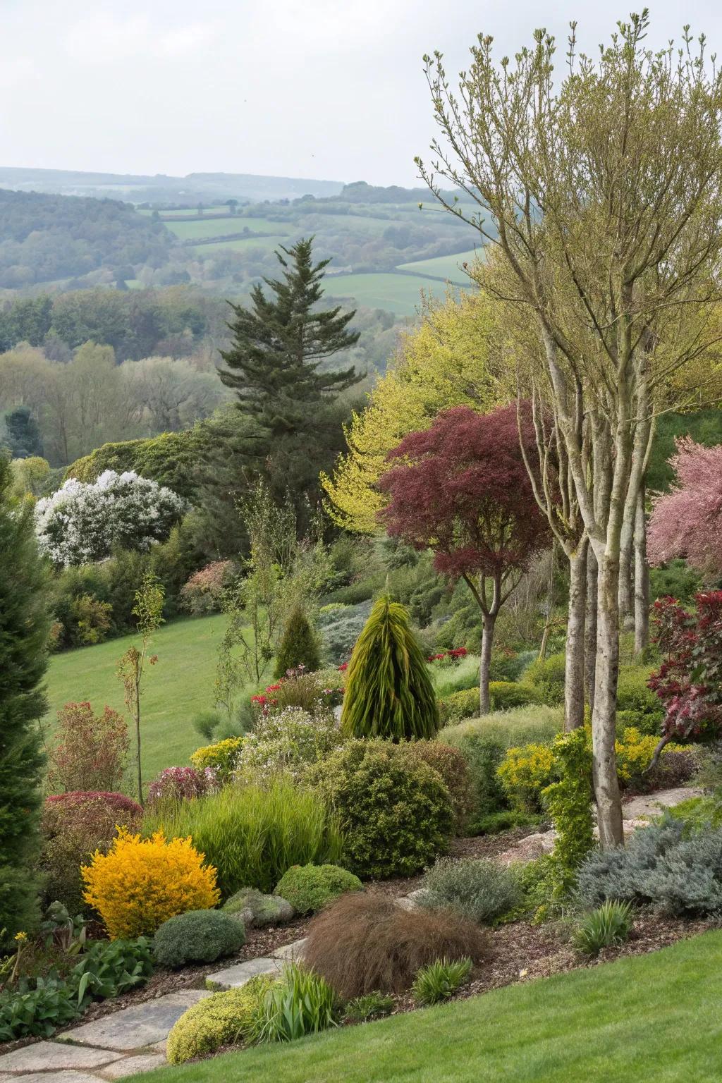 Add diversity using mixed tree types along garden borders.