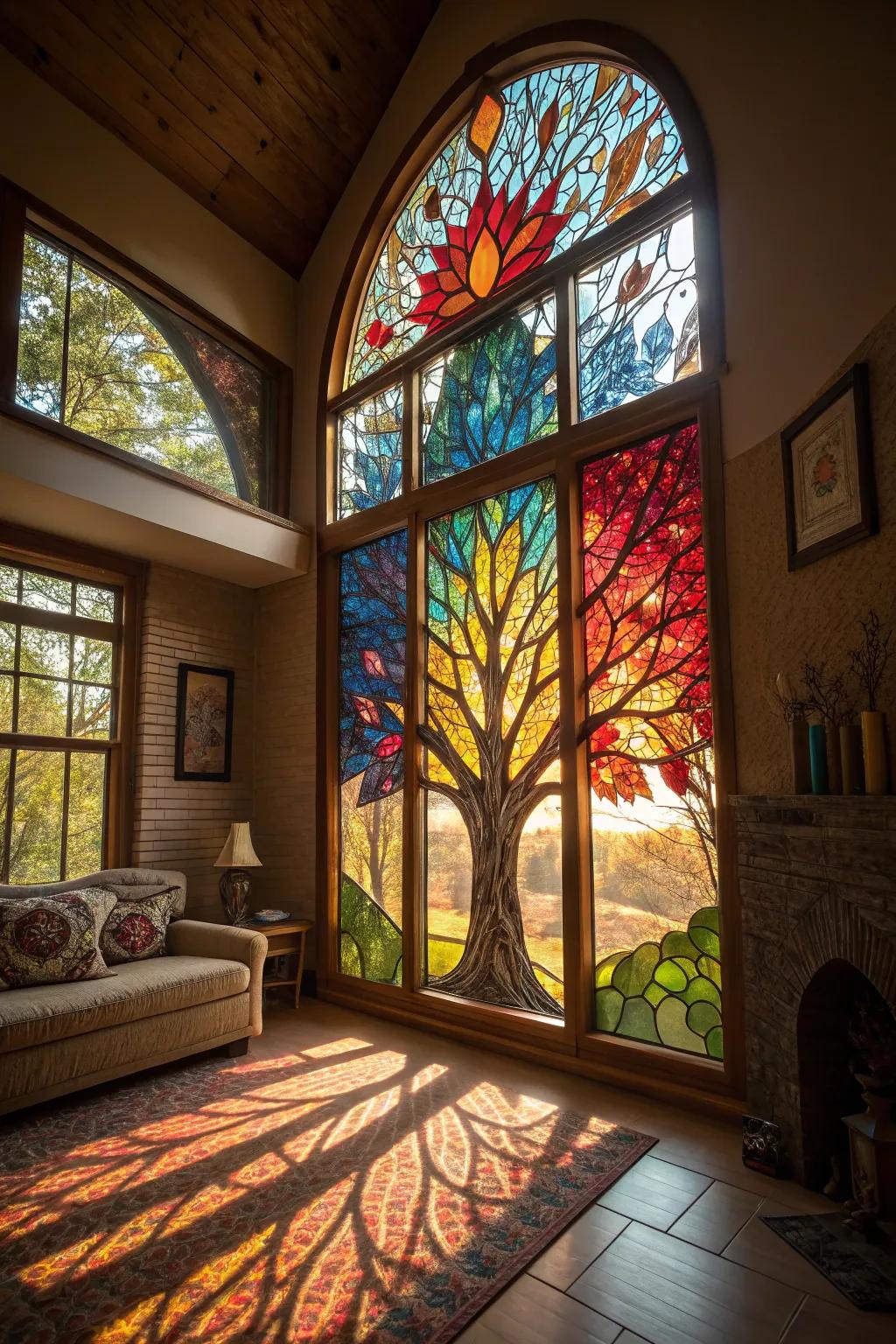 A vibrant stained glass Arbor Vitae pane floods a room with light.