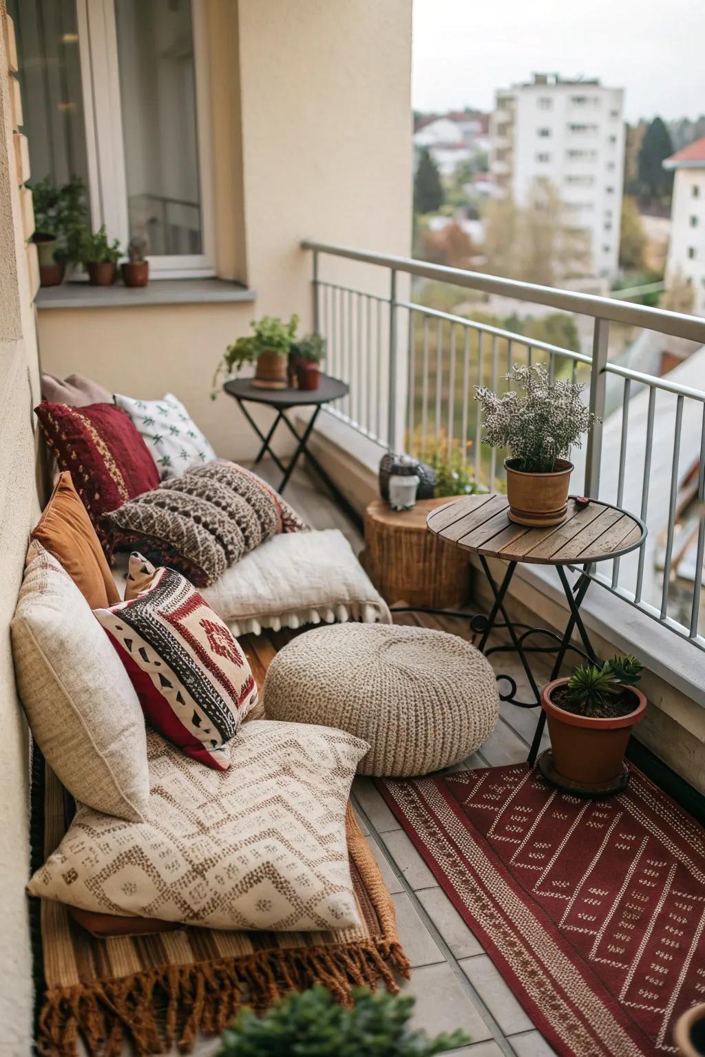 Unite various textures to enrich your balcony’s depth and appeal.