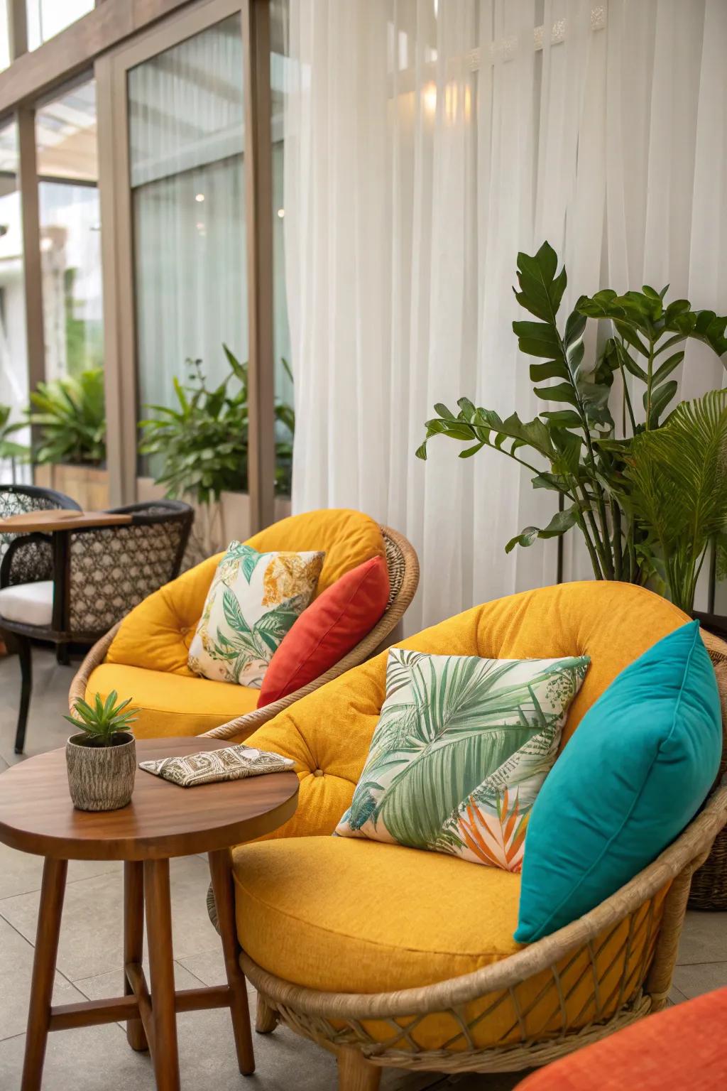 Comfortable seating enriched with plush cushions elevates the tropical mood.