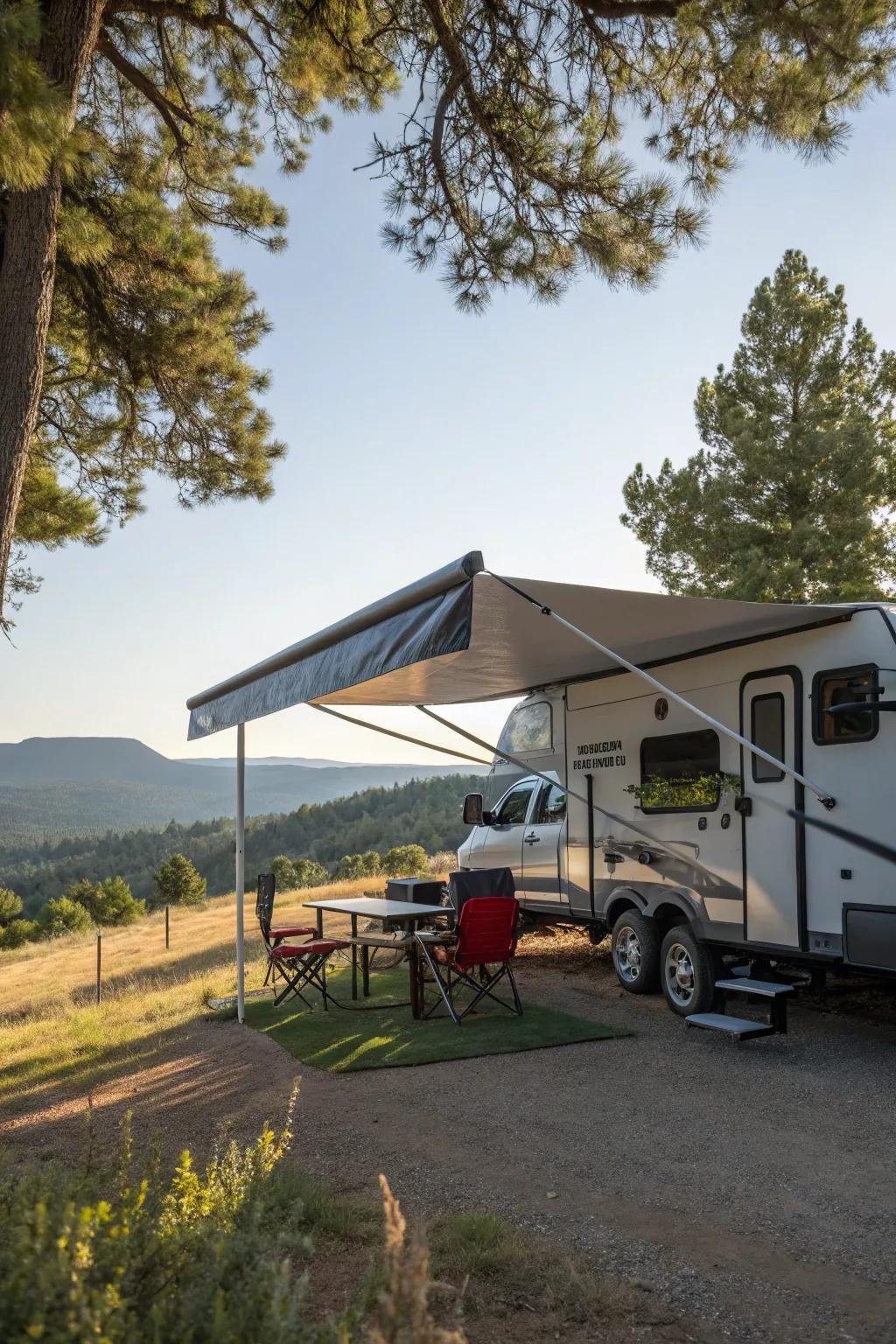 Side and rear awning extensions providing expansive shaded space.