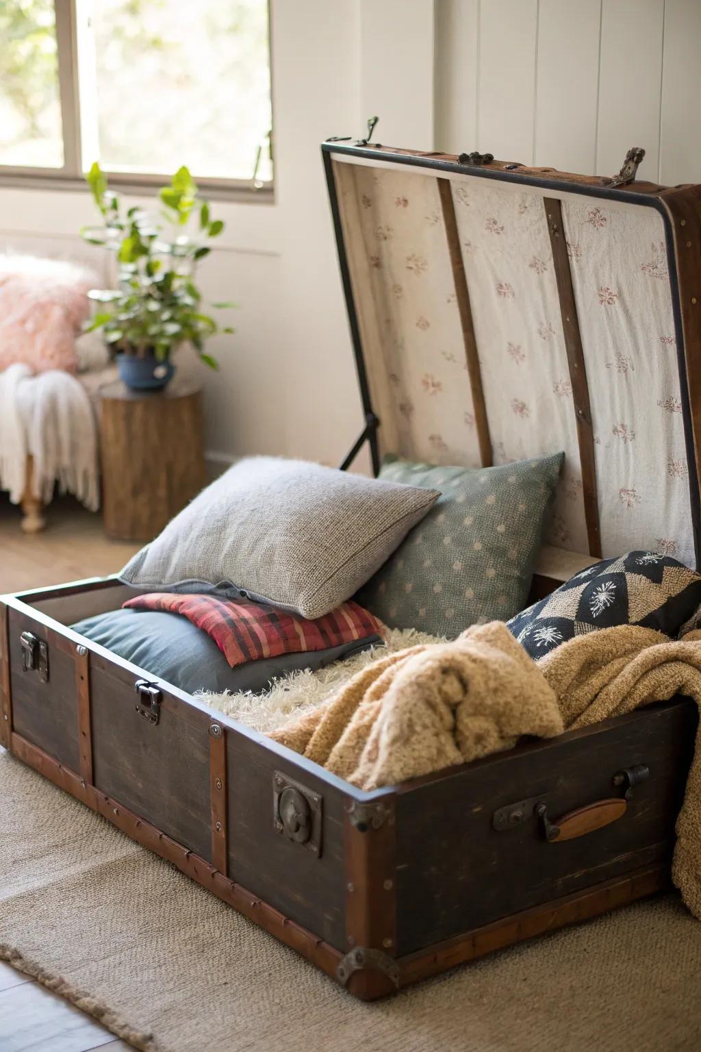 A trunk becomes a comfortable pet bed, ideal for every beloved furry companion.