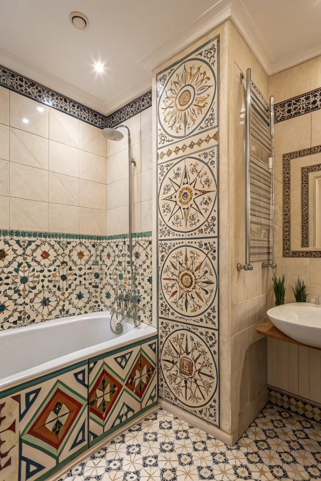Detailed tile embellishments introduce texture and artistic appeal to the bathtub and shower zone.