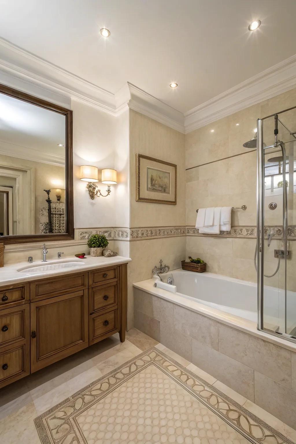 A gentle color scheme crafts a tranquil and opulent bathroom atmosphere.