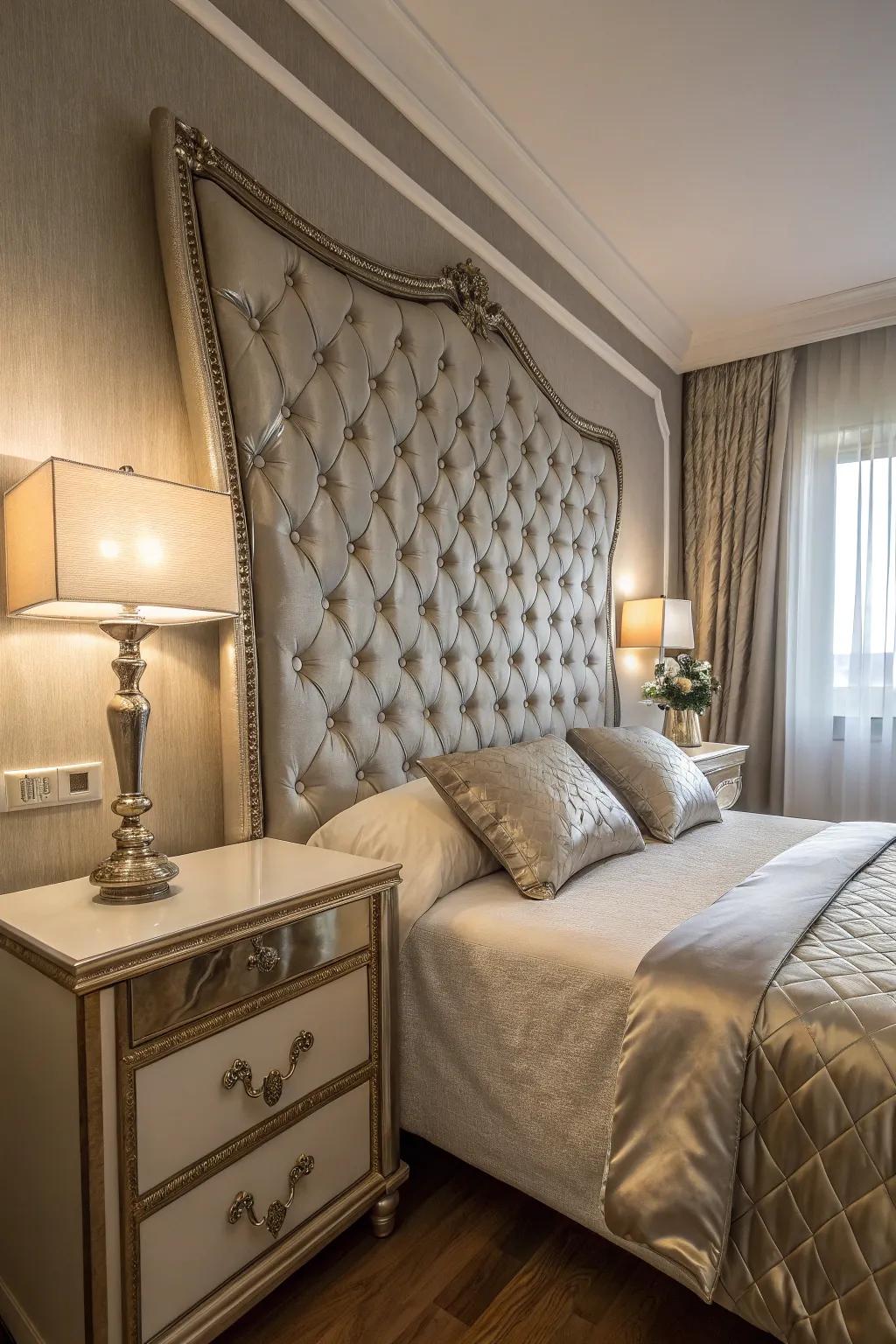 A glamorous bedroom displays a metallic-accented tufted headboard.