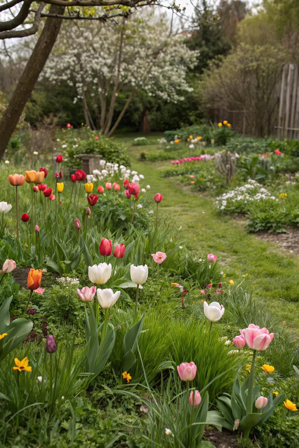 A naturalistic tulip planting, providing an organic and relaxed garden atmosphere.