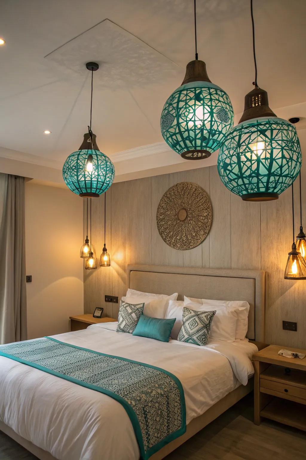 Turquoise lighting fills this bedroom with a cozy and welcoming glow.