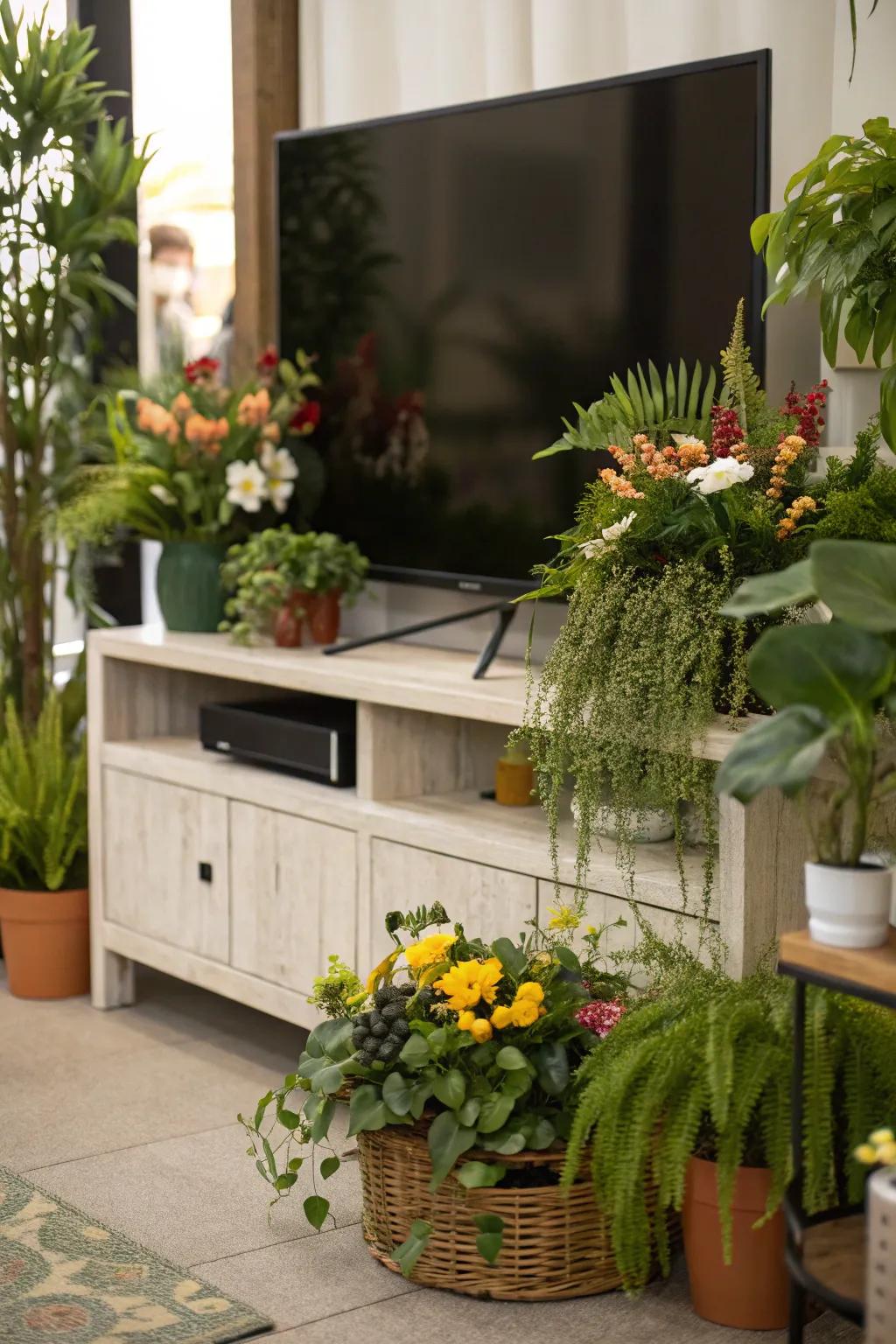 Natural elements such as plants adorning a TV console.