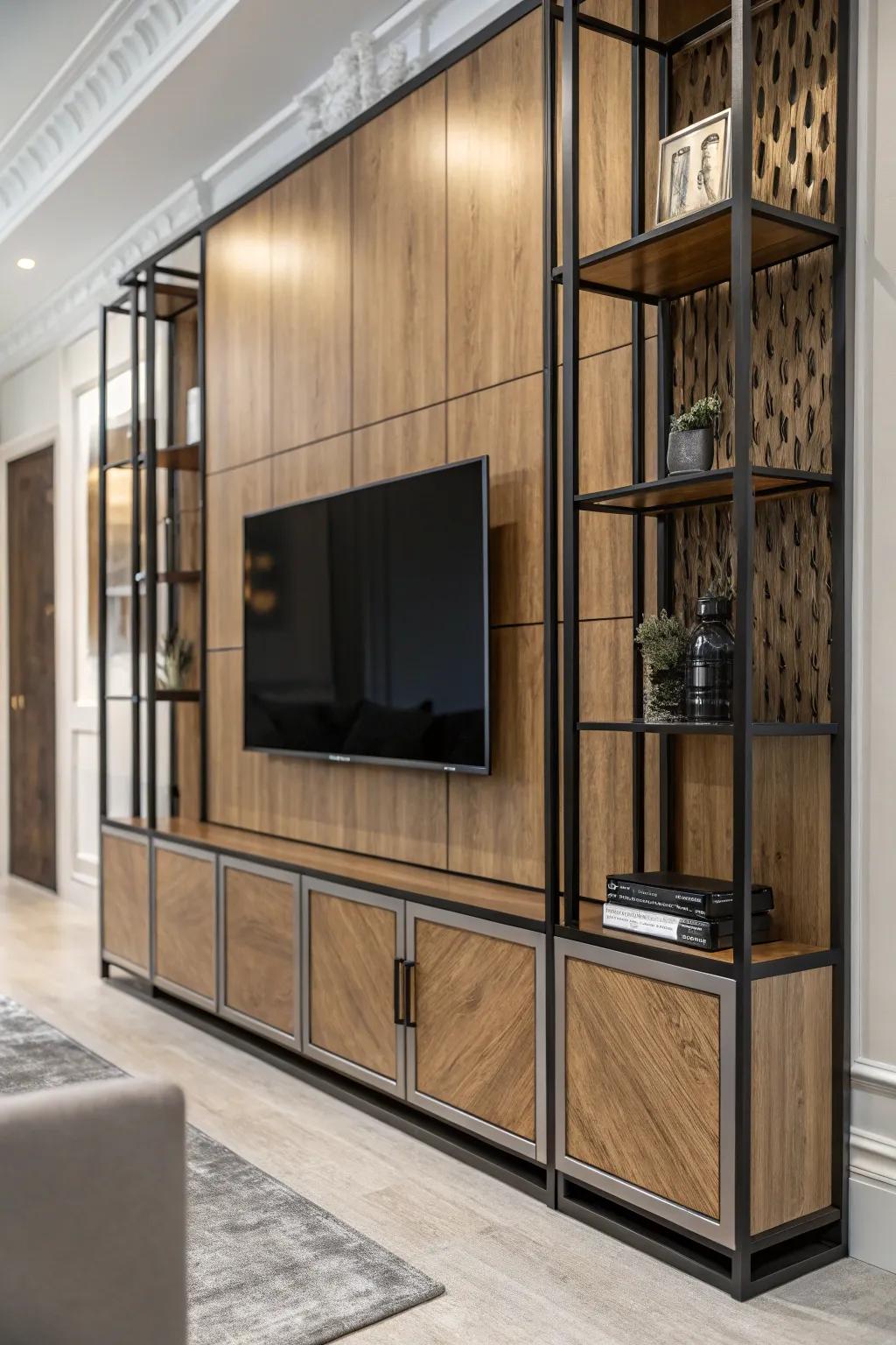 Opposing materials bring dimension to this innovative TV wall panel.