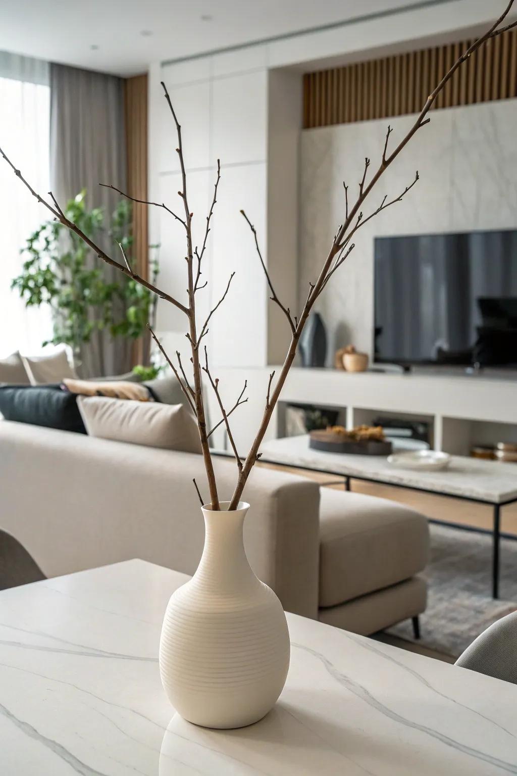 A minimalist arrangement of branches in a porcelain container.