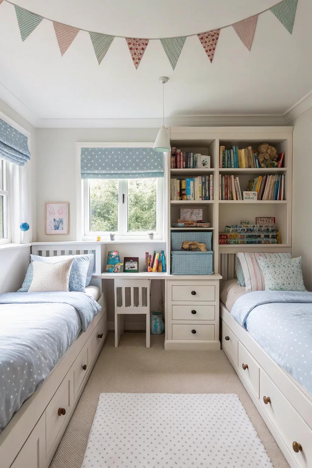 Defined individual zones within a shared twin bedroom
