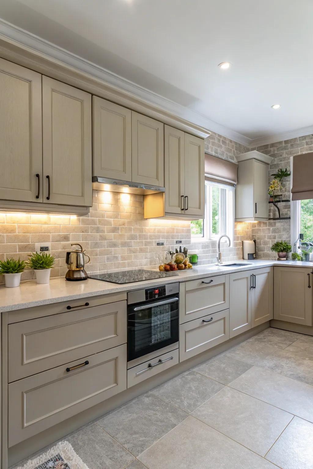 A tranquil kitchen adorned with neutral shades in its backsplash.