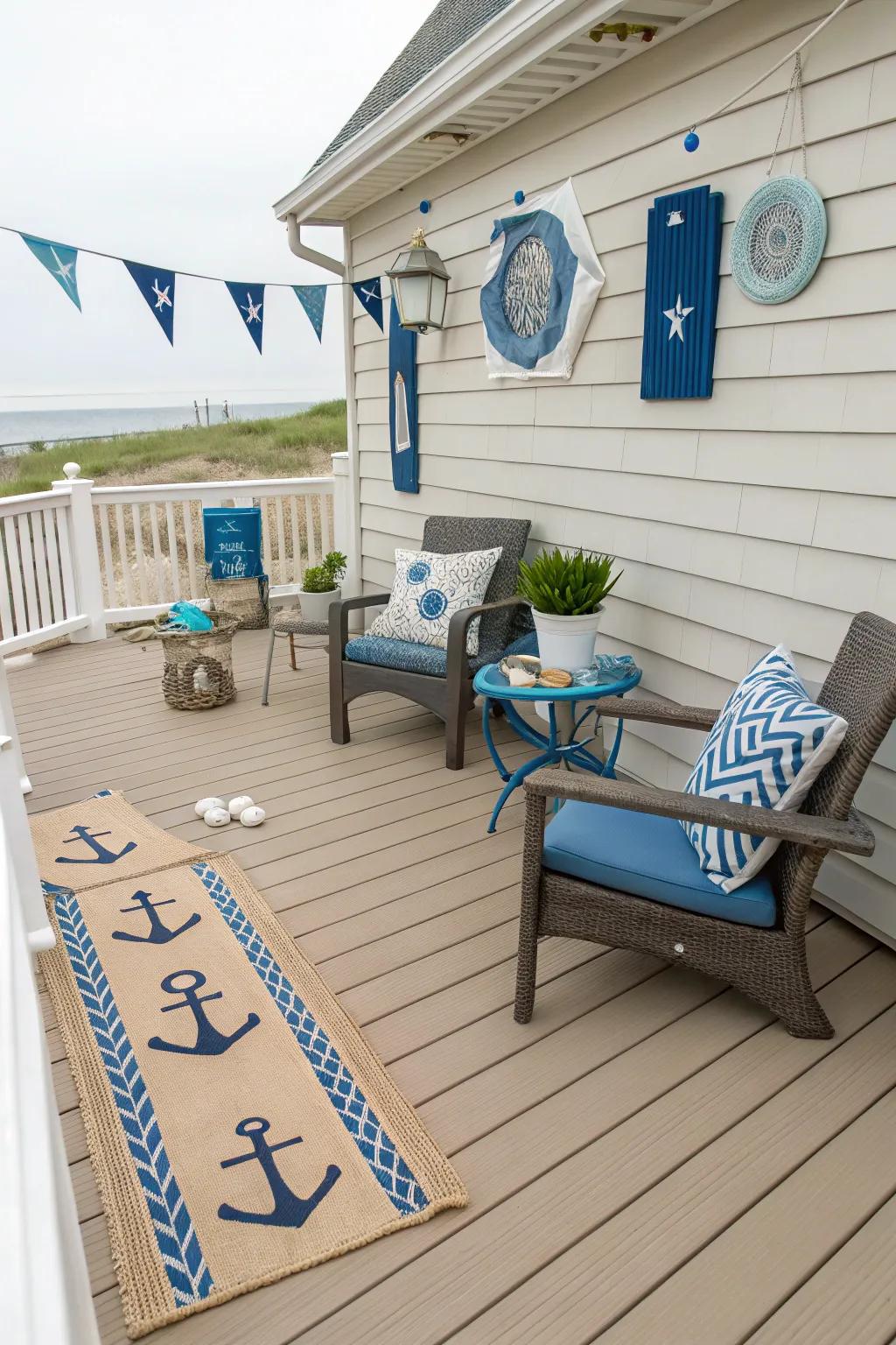 Natural tan and deep blue introduce a hint of coastal charm to your deck.