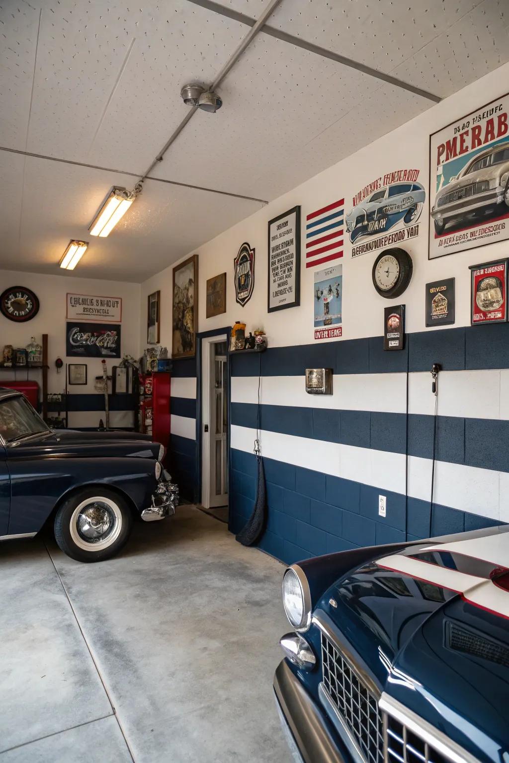 Navy and white establish a sophisticated and timeless garage aesthetic.