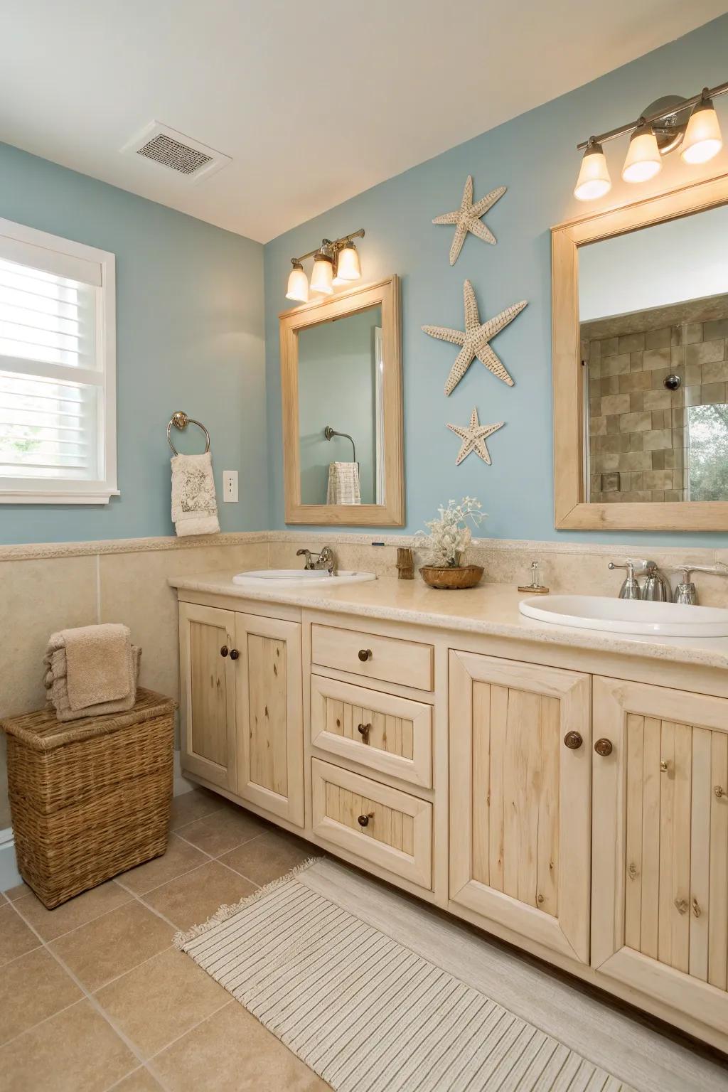 Bathroom showcasing a coastal-themed two-toned wall.