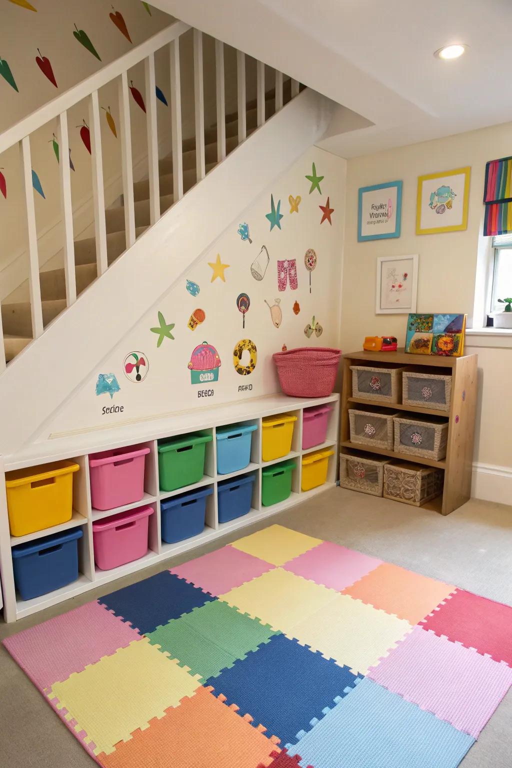 A playful retreat for the kids under the stairs.