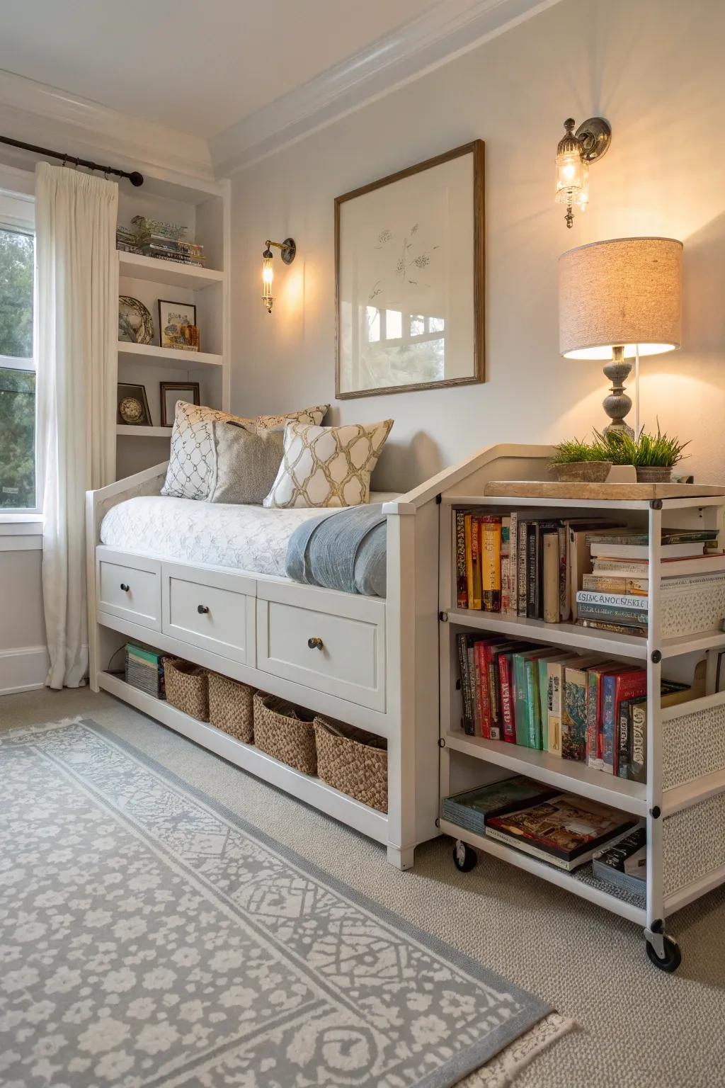 Maintain an orderly literary collection with adaptable rolling book storage.