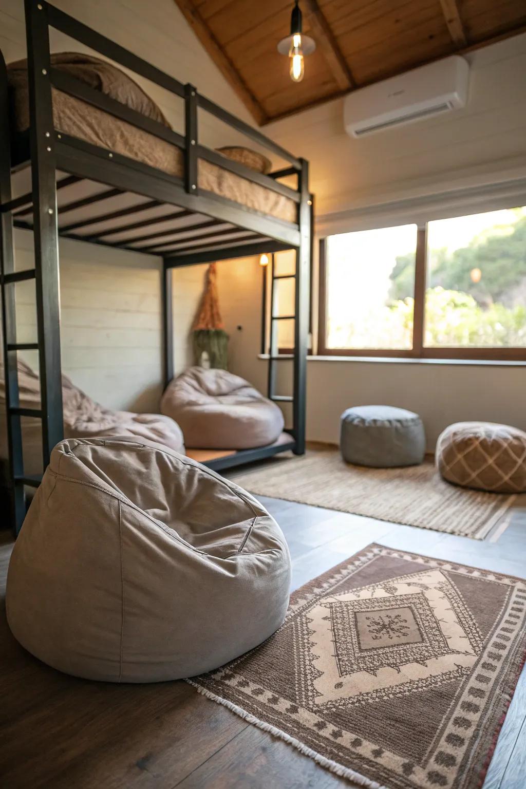 A comfy leisure space beneath the bunk bed.