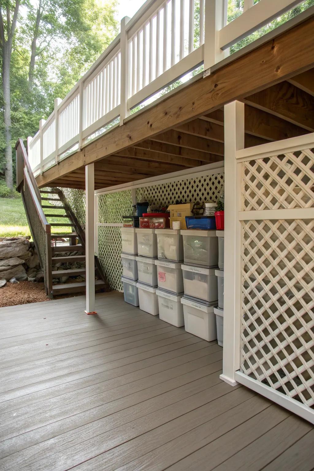 Trellis skirting combines design and practicality for simple storage access.