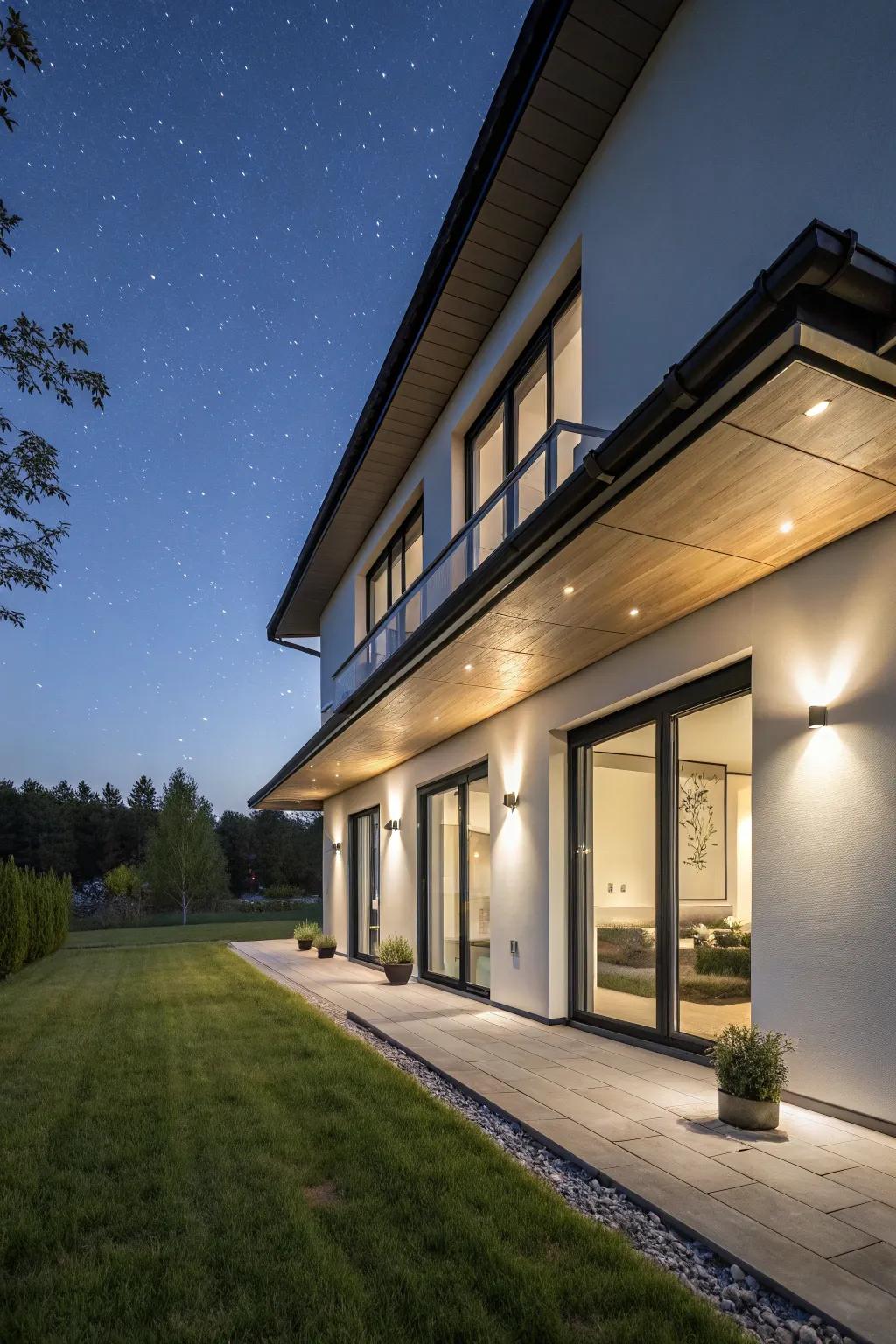 Modern fixtures contribute a polished touch to the under eave illumination arrangement.