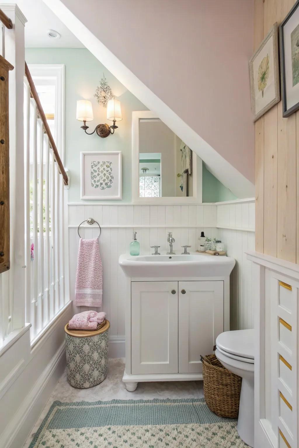 A washroom under the stairs with a light color scheme for an open and inviting atmosphere.