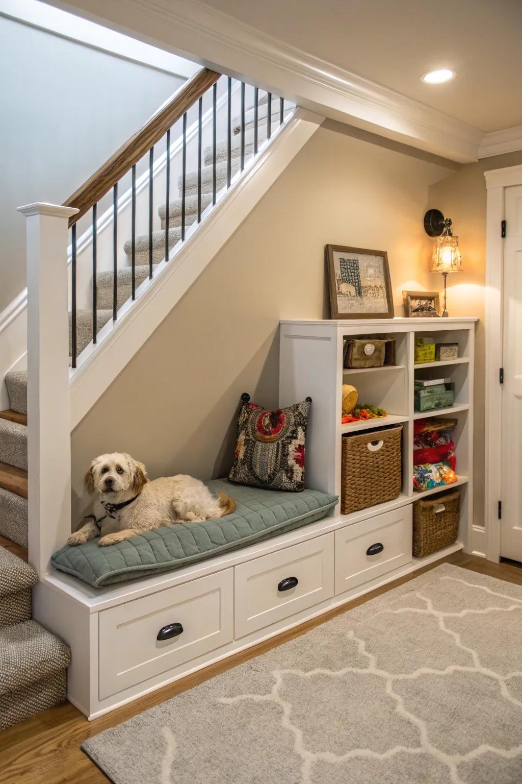 A pet haven under the stairs is a considerate use of space.