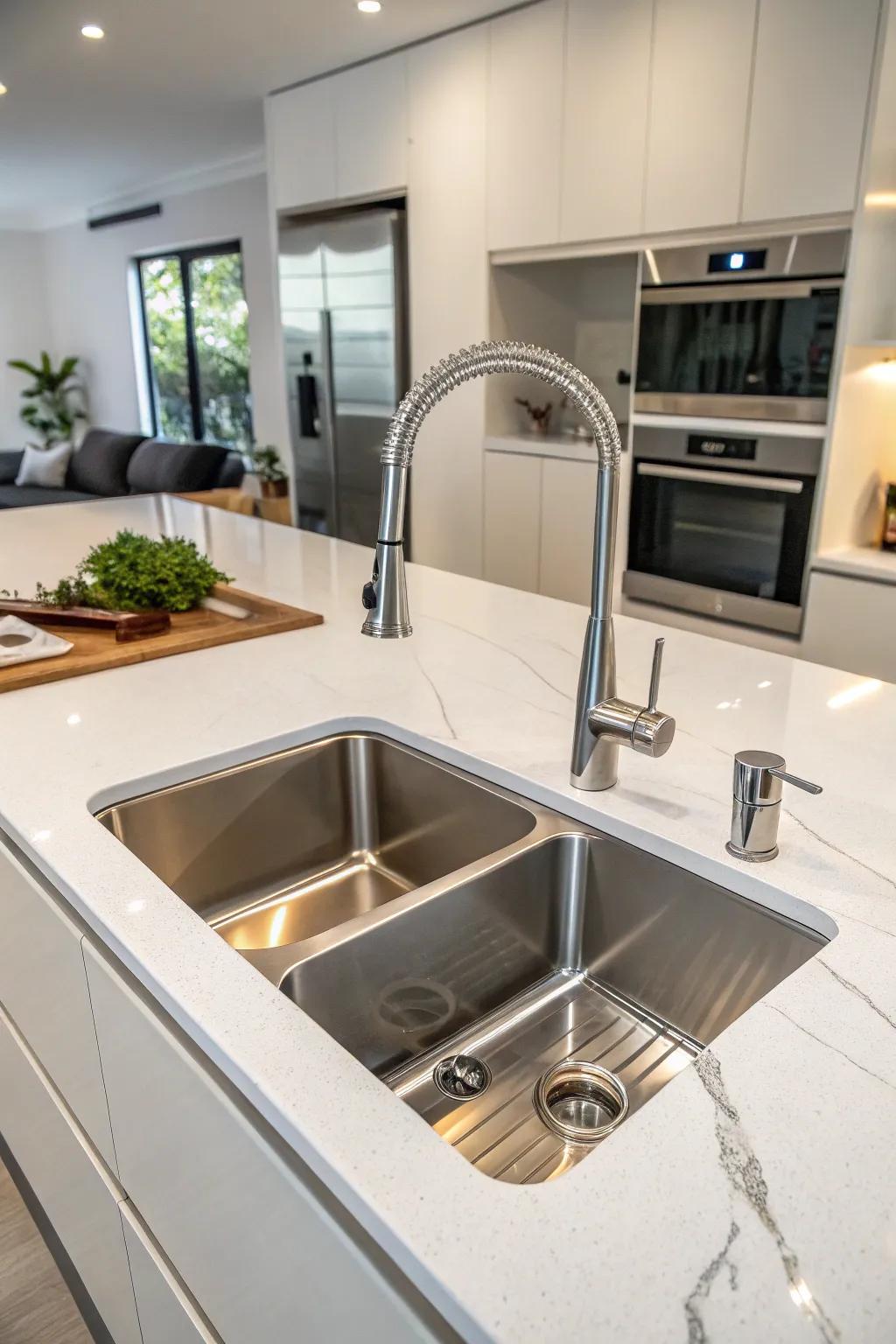 A double basin undermount sink delivers superior flexibility within a modern kitchen environment.