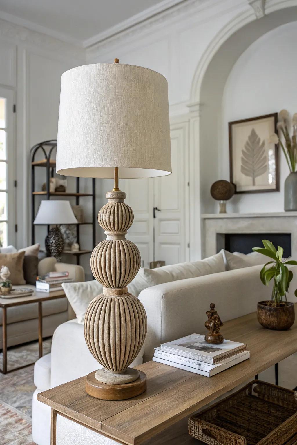 Art meets function with a carved lamp.