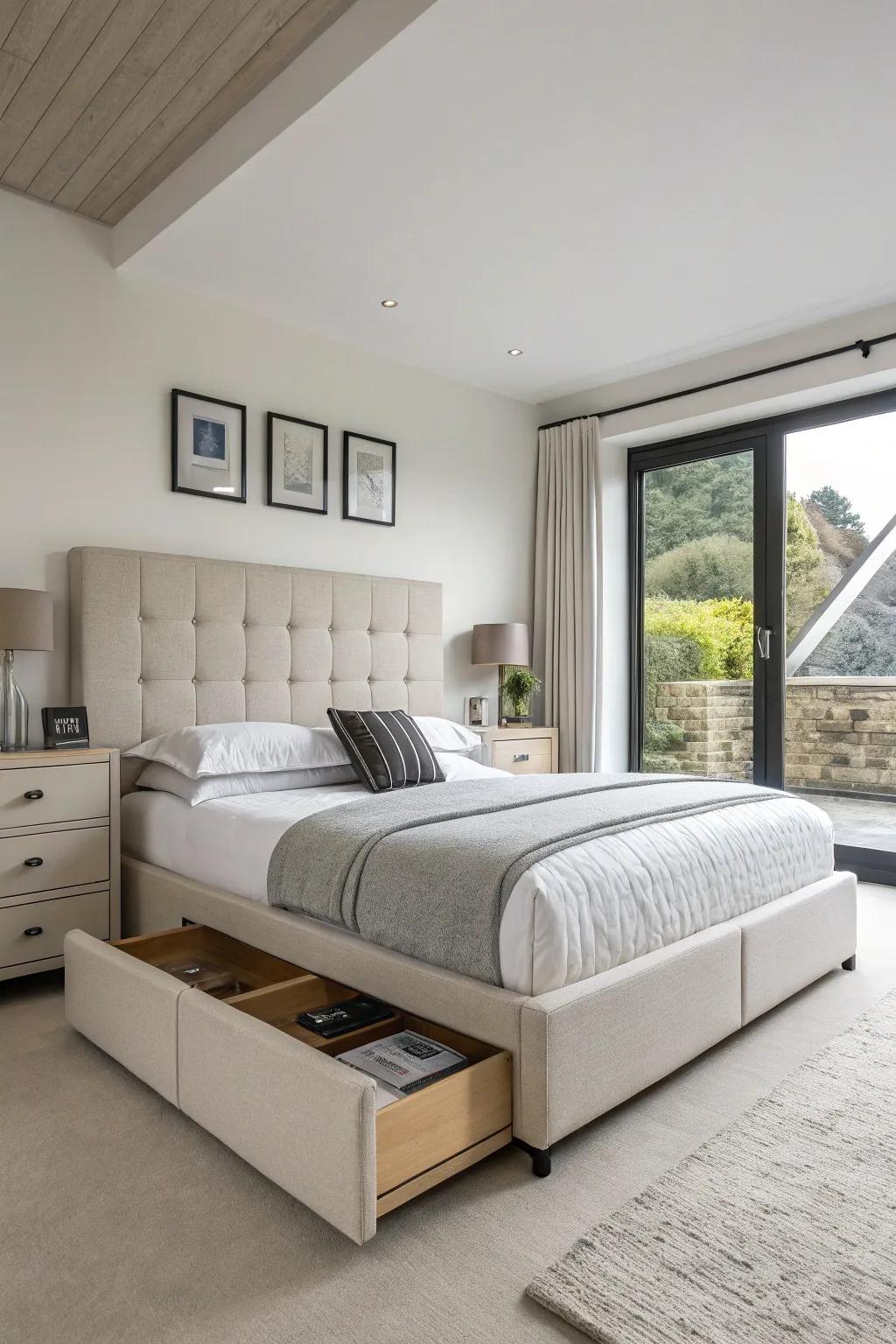This stylish and useful storage bed keeps everything neat and organized.