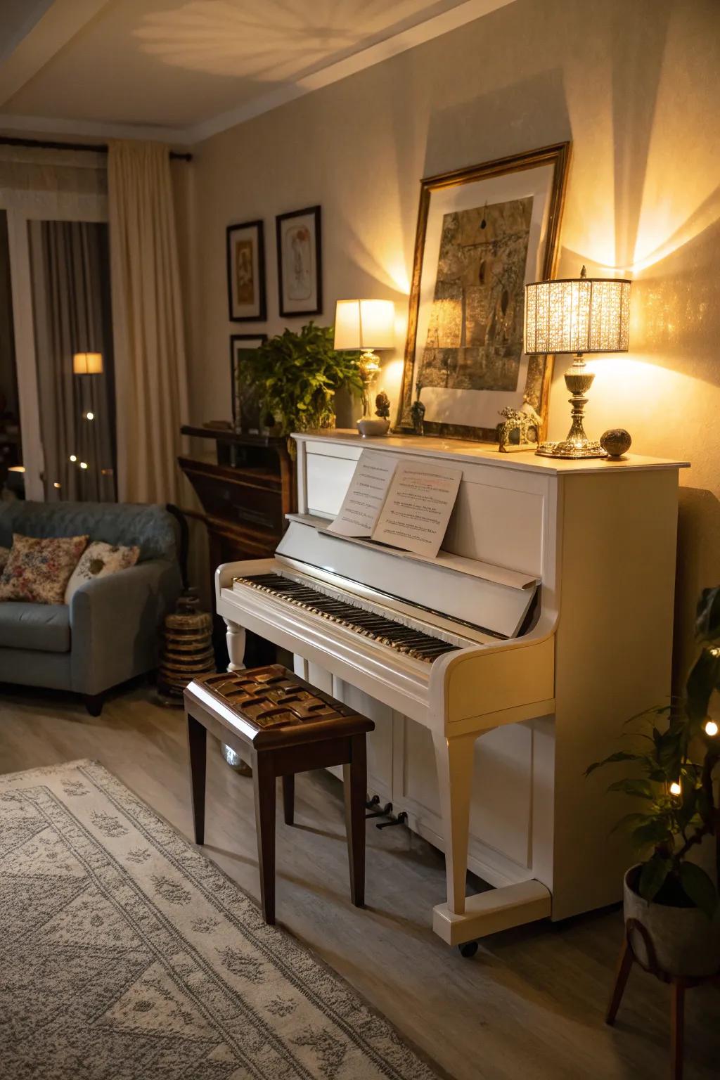 A well-lit living area with an upright piano, enhanced by sophisticated lighting choices.