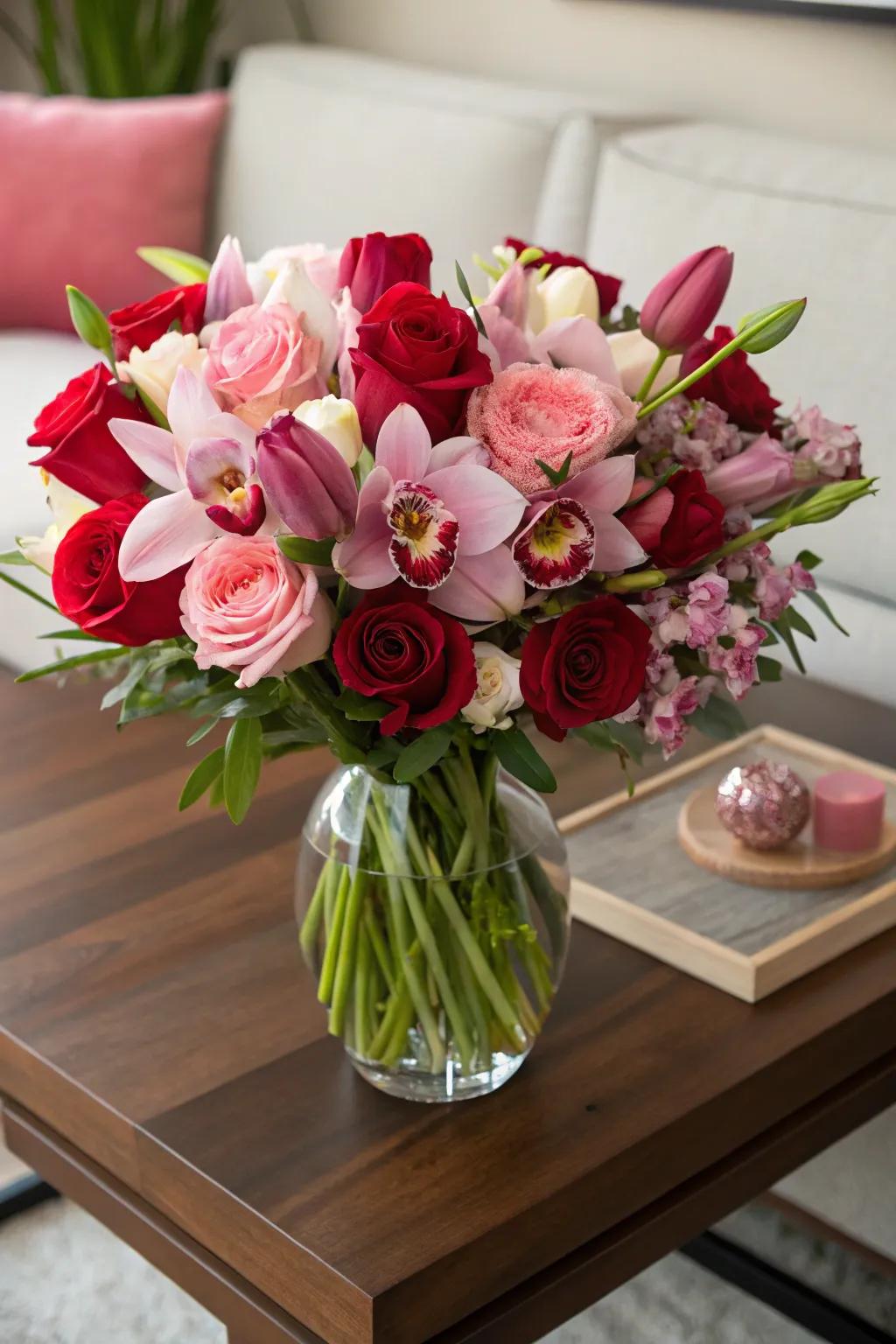 A bouquet showcasing roses, tulips, and orchids.
