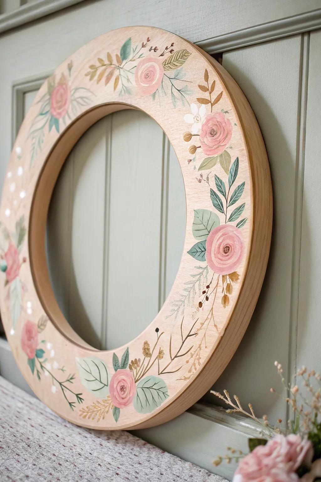 Appreciate the gentle shift from Valentine's Day to spring with this Botanical Painted Wood Round wreath, a flawless fusion of minimalist allure and bohemian grace.