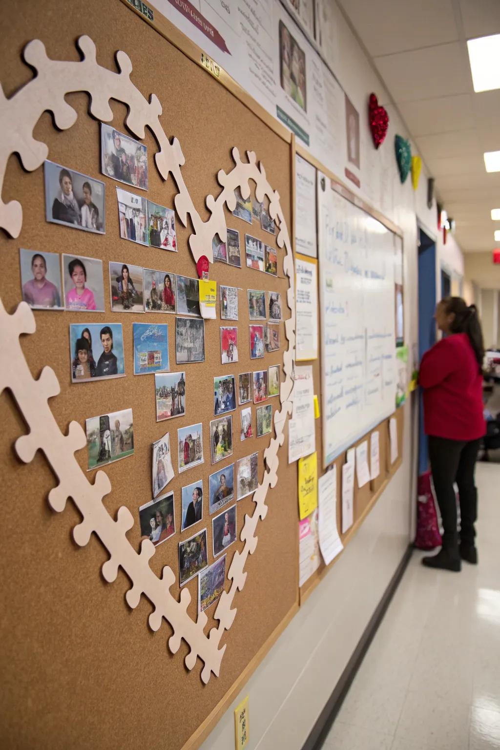 A Puzzle of Friendship bulletin board with segments configuring a heart.