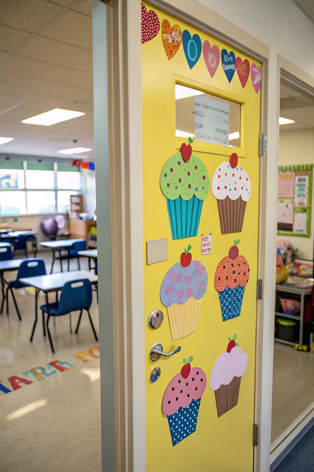 A classroom door embellished with colorful cupcake patterns, each personalized for pupils.