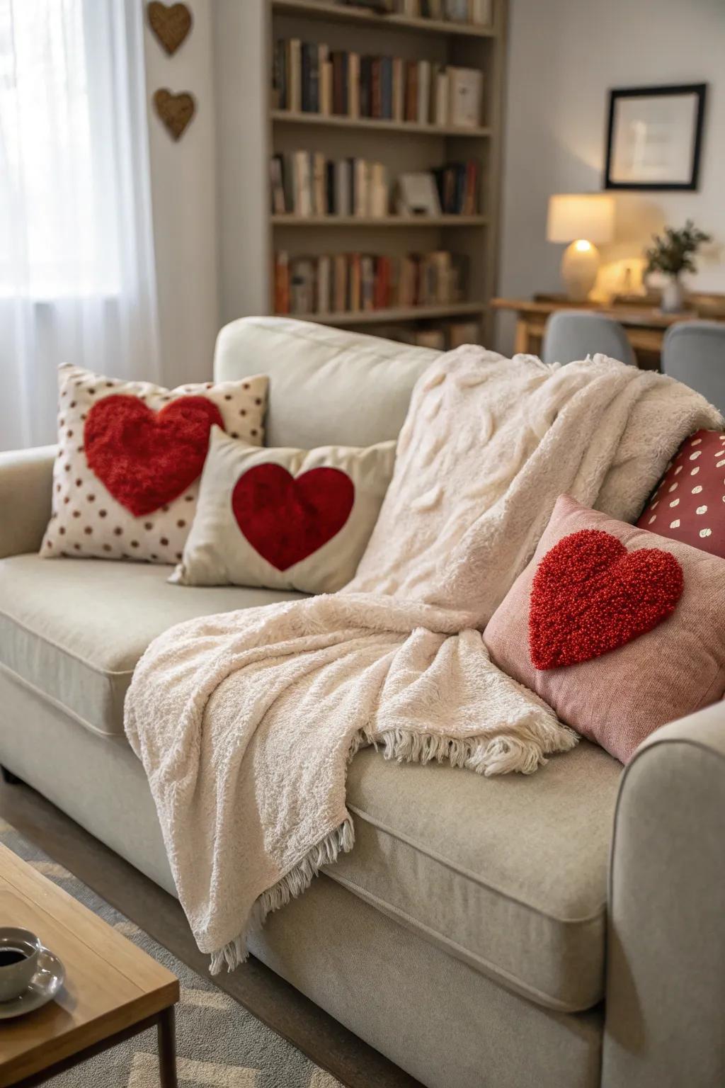 Add warmth and comfort by using cozy heart-themed decorations.