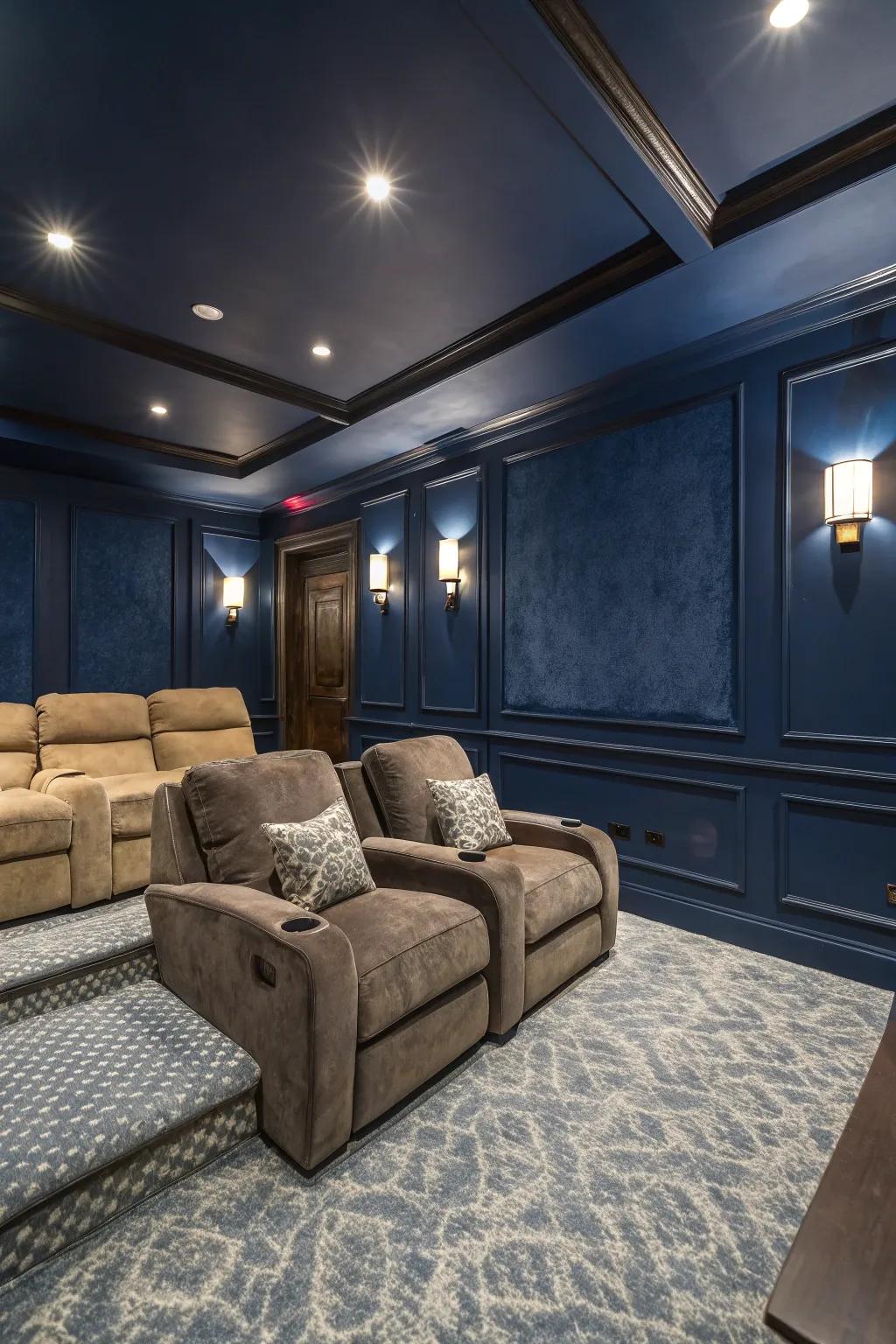 Create a cinematic atmosphere using dark Venetian plaster walls.