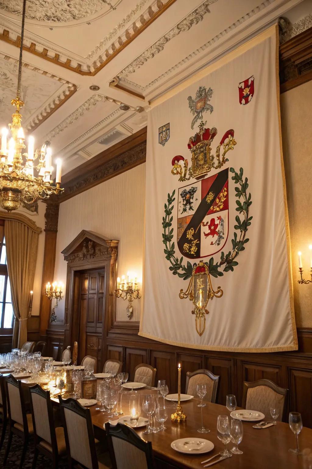 A dining room is personalized with a vertical banner featuring a custom family crest.