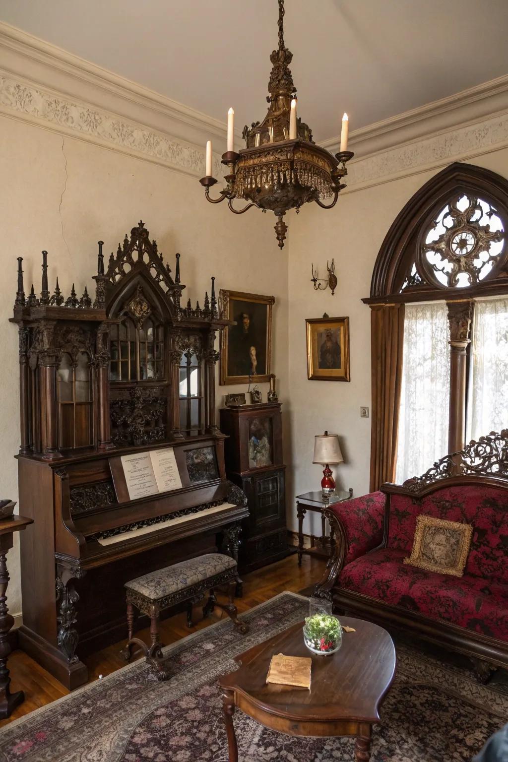 Antiques and vintage items enrich the space with history.