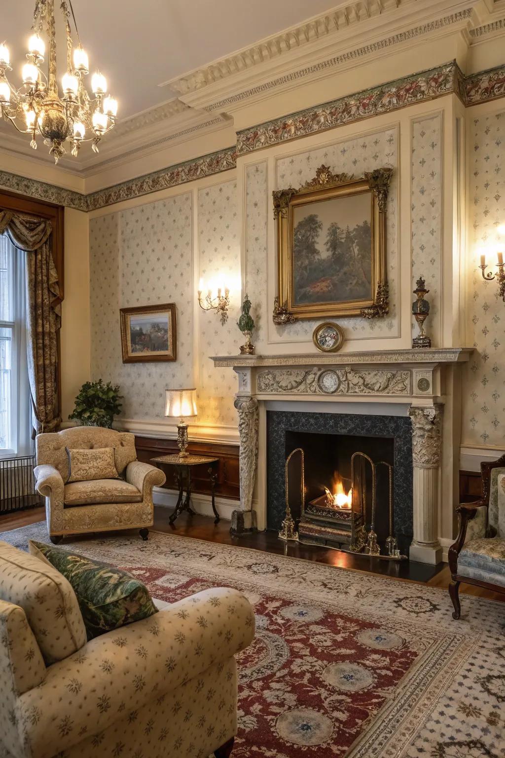 A grand fireplace featuring a decorative mantel becomes the core of this setting.