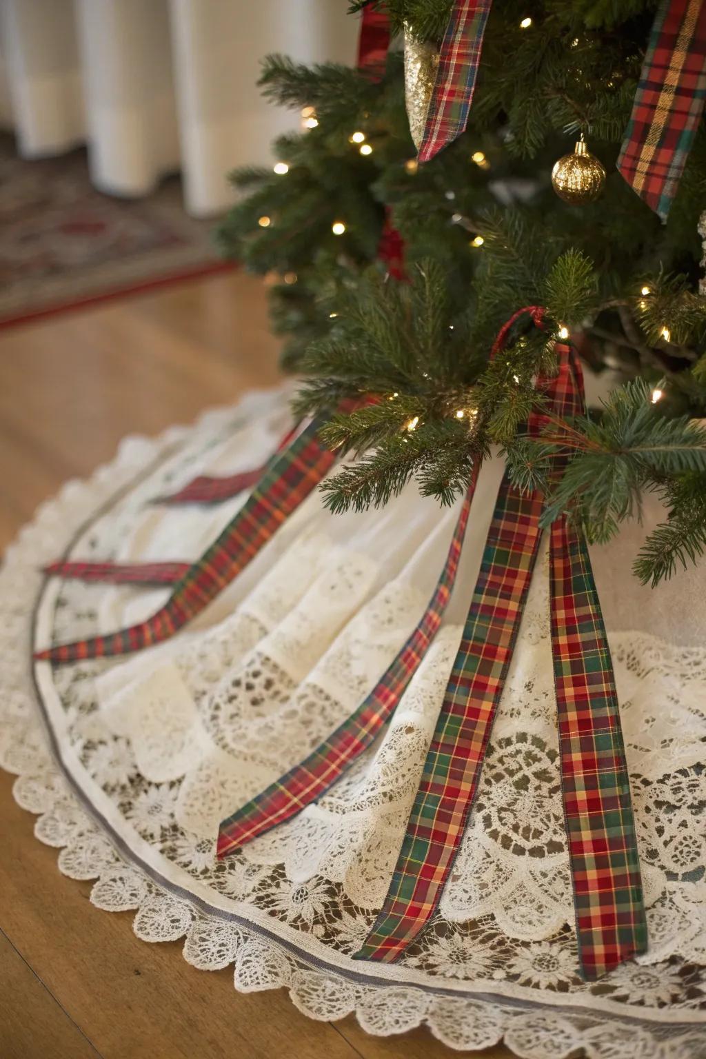 Vintage cloths append elegance to this holiday display.