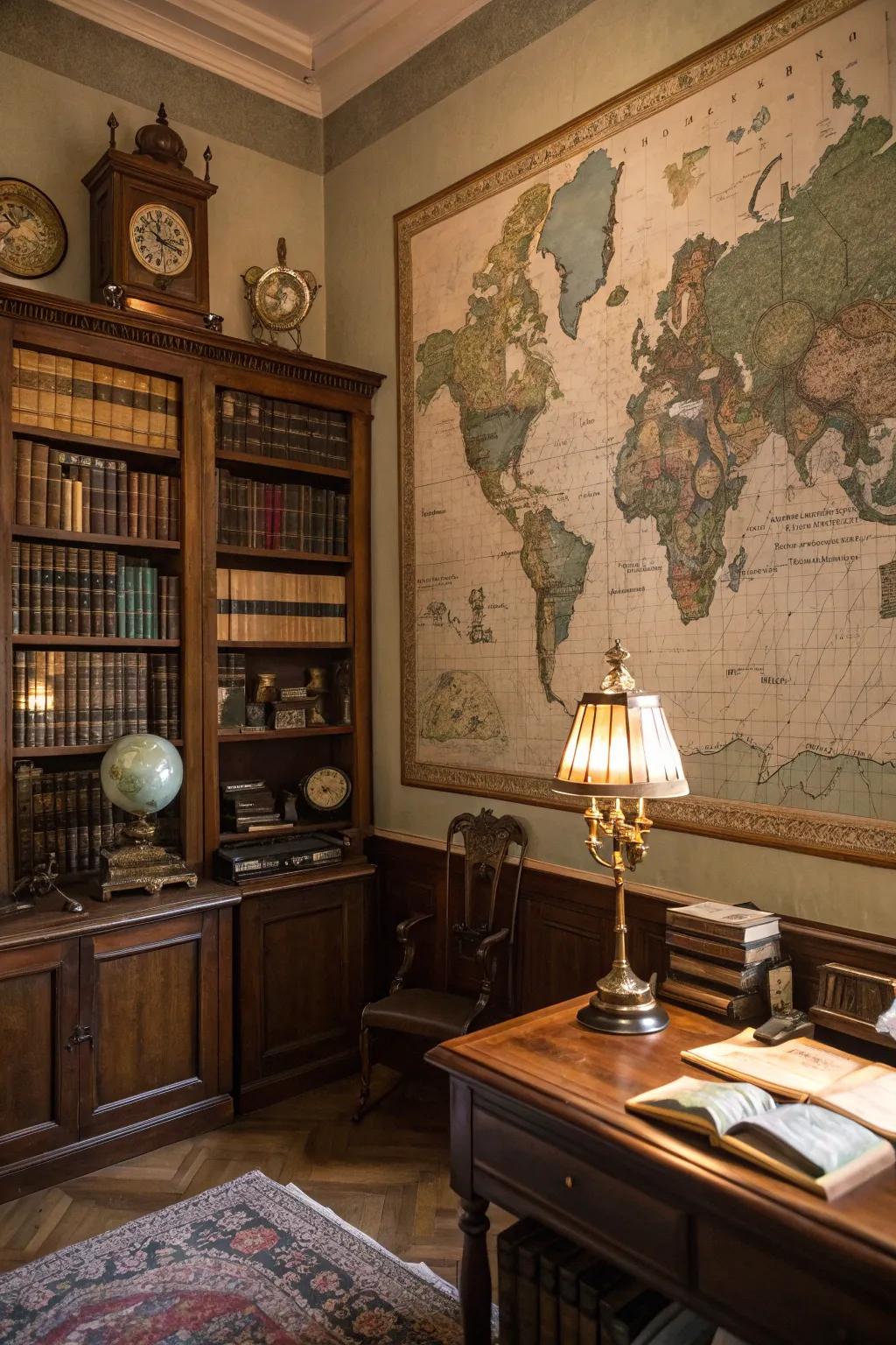 A vintage world map infuses a historical element into the study.