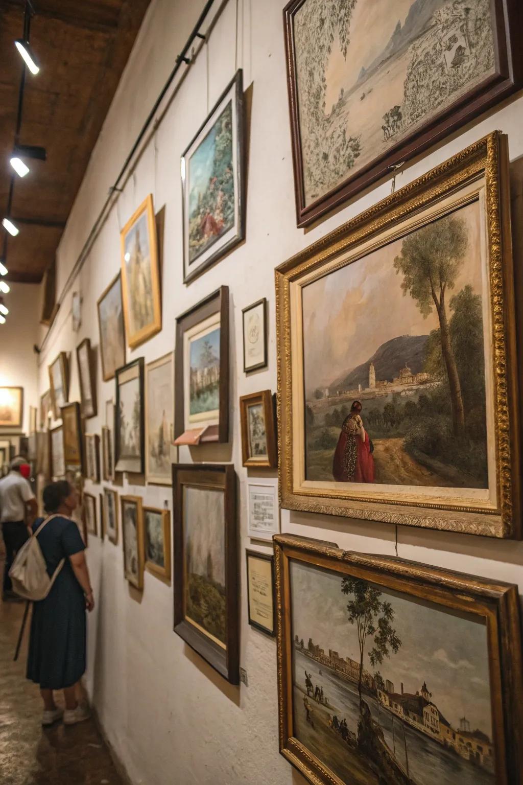 A wall decorated with retro artwork and historical paintings.