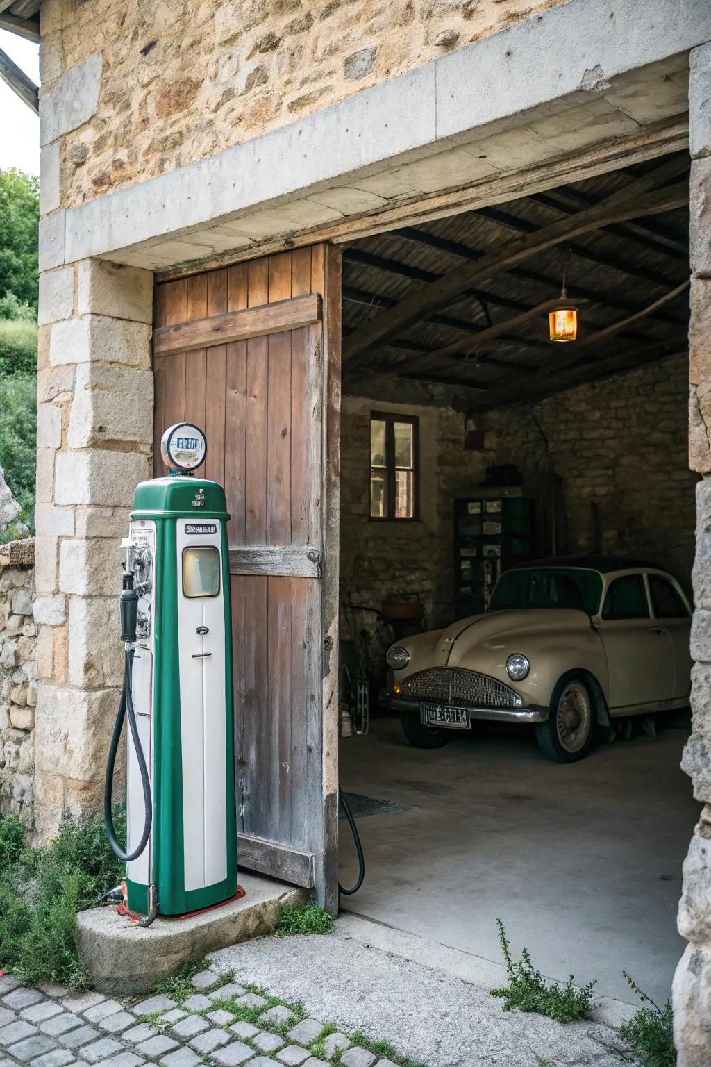 An old fuel dispenser serves as a captivating nostalgic centerpiece.