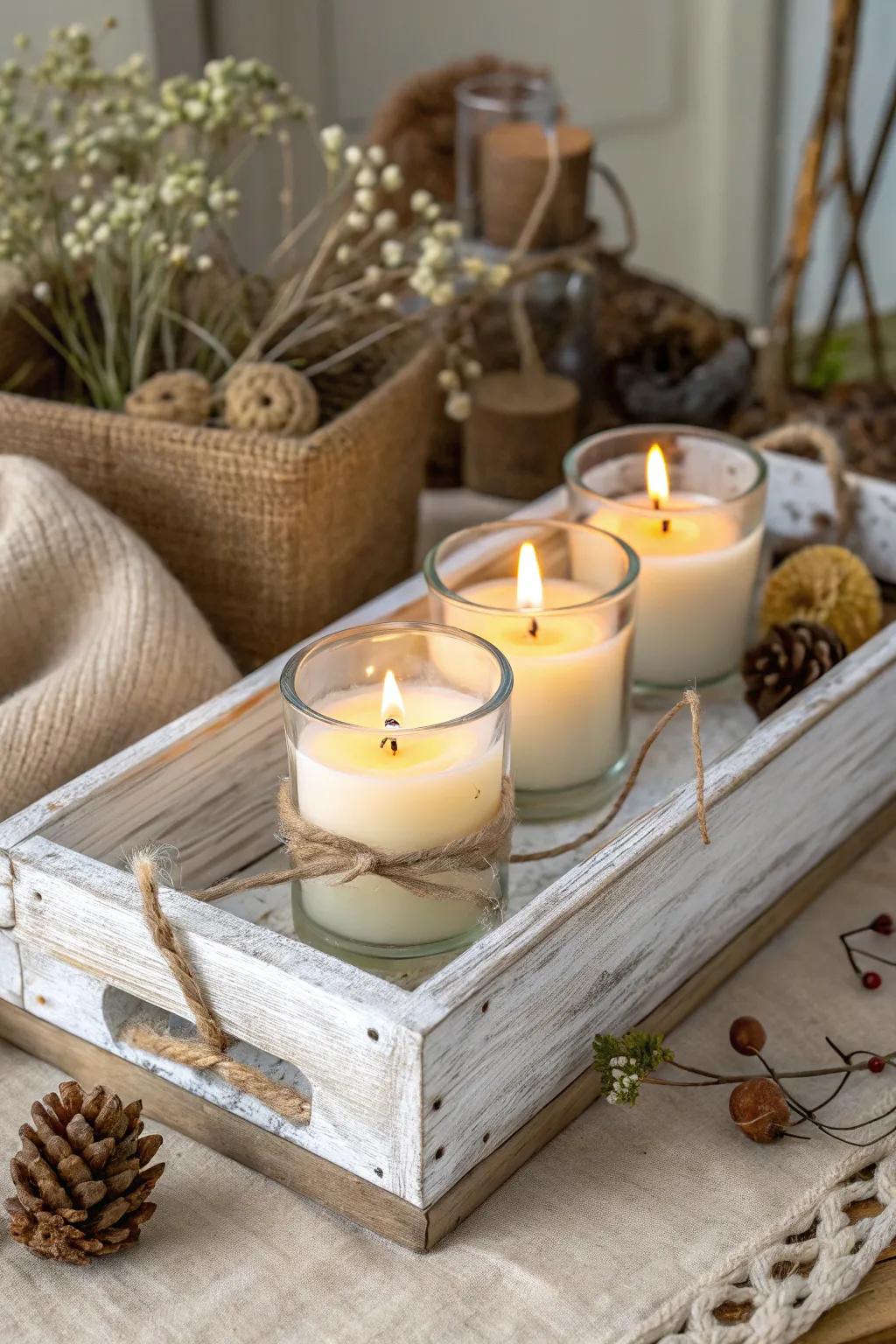 A timber tray conveys down-to-earth charm to votive light exhibits.