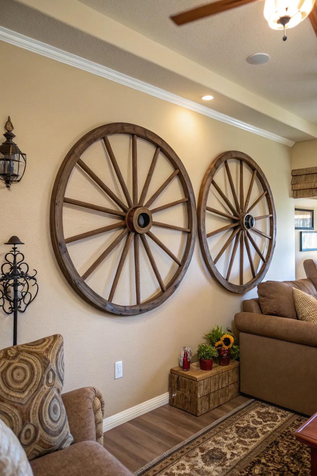 Inside this family room, grouped cart wheels create a balanced exhibit.