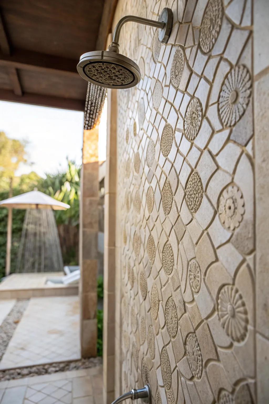 Shower featuring textured tiling and natural illumination.