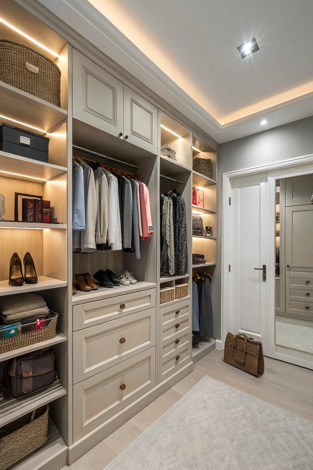 A walk-in closet balancing open and closed storage solutions.