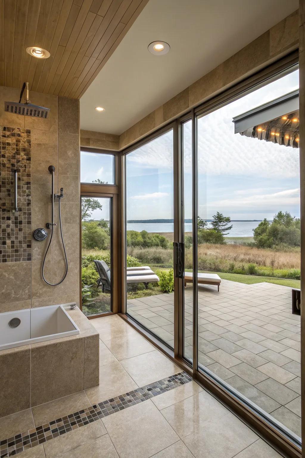 Full-length windows in a walk-in shower, delivering a luxurious, immersive bathing experience.