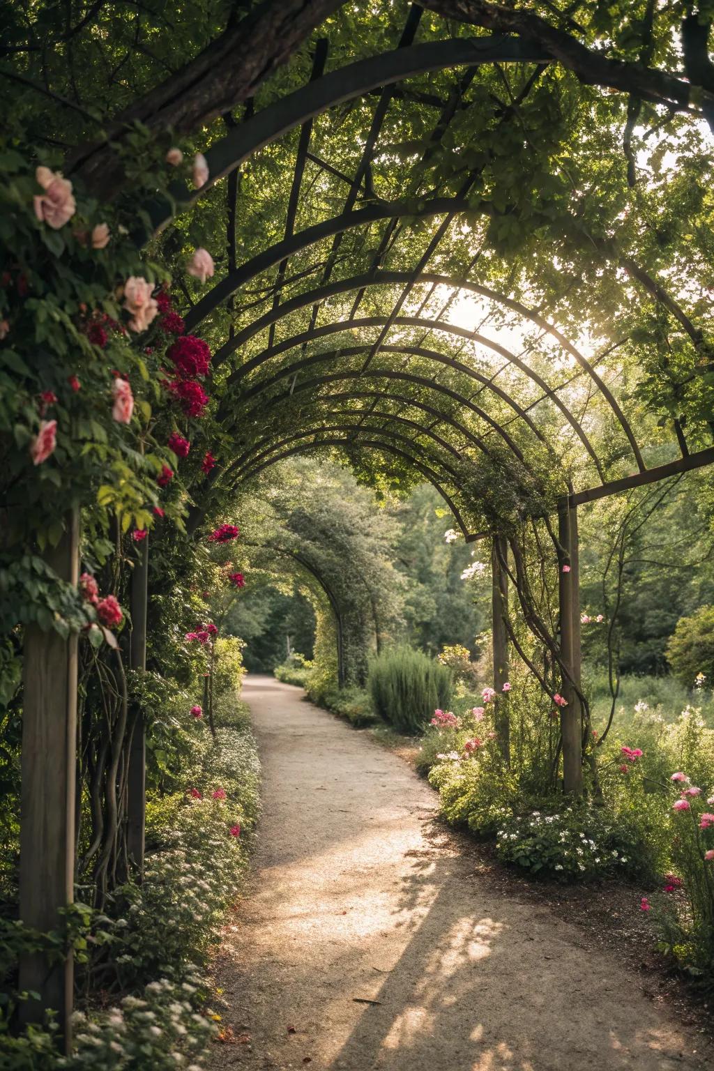 Branch trellis archways offer a whimsical, storybook feel to garden paths.