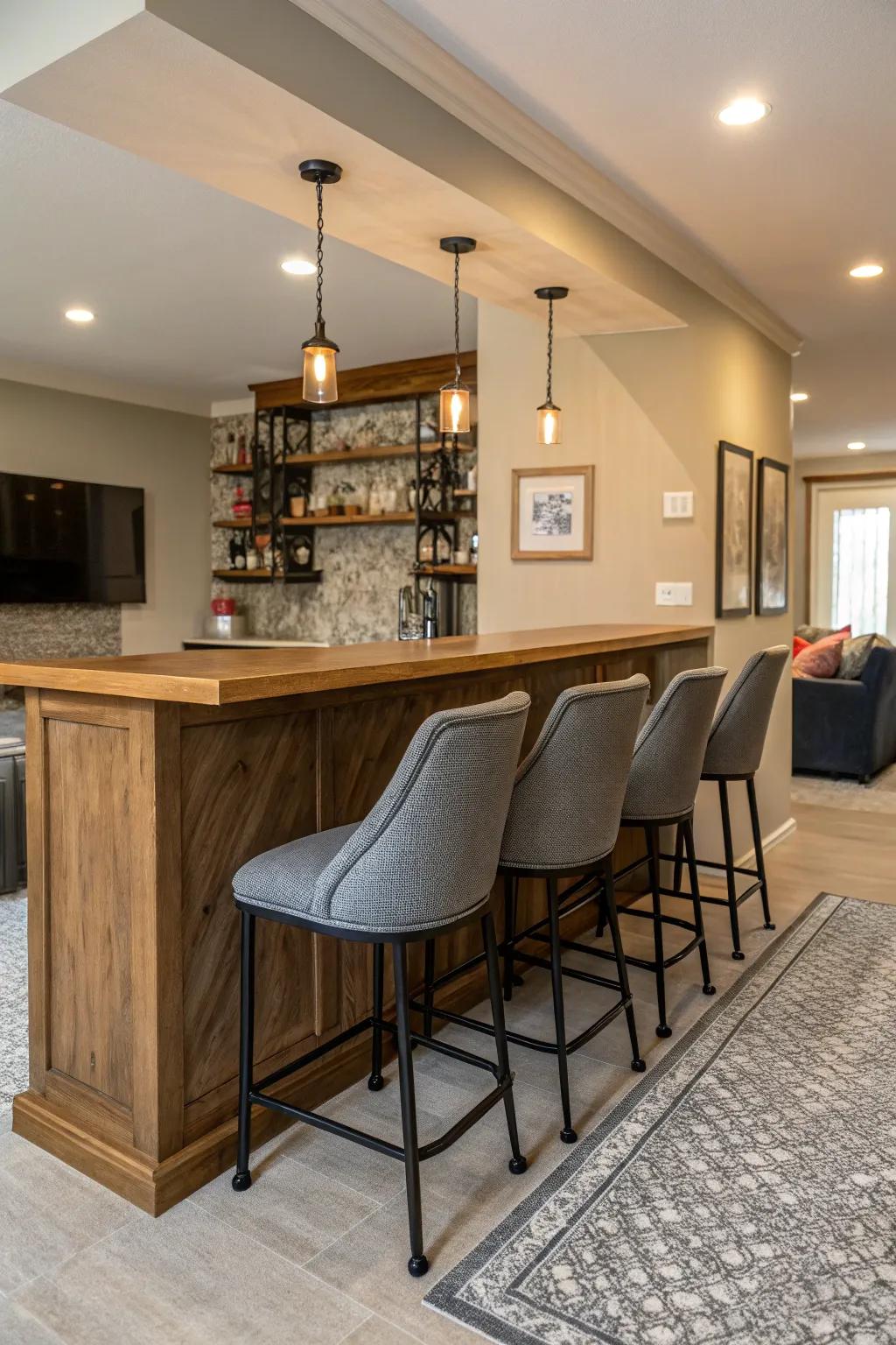 Bar high chairs append coziness and promote social get-togethers around your wall bar.